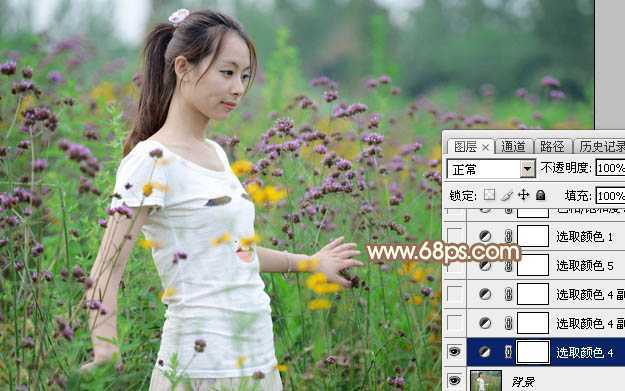 ‘Photoshop为花丛中的美女加上甜美的淡粉色‘