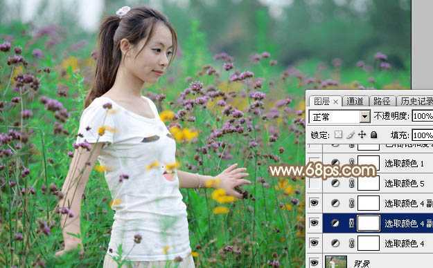 ‘Photoshop为花丛中的美女加上甜美的淡粉色‘