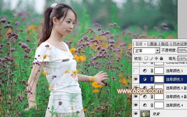 ‘Photoshop为花丛中的美女加上甜美的淡粉色‘