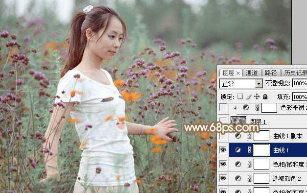 ‘Photoshop为花丛中的美女加上甜美的淡粉色‘