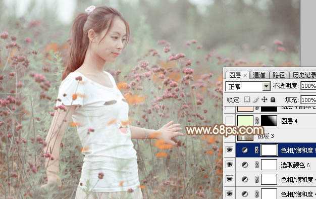 ‘Photoshop为花丛中的美女加上甜美的淡粉色‘