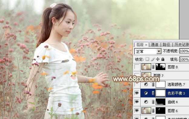 ‘Photoshop为花丛中的美女加上甜美的淡粉色‘