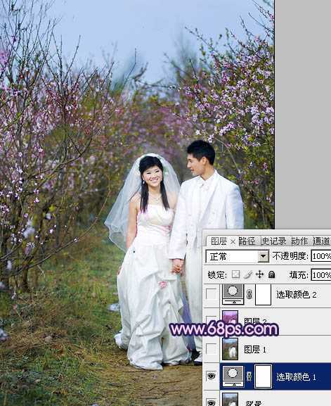 ‘Photoshop将桃林婚片调成艳丽的紫红色‘