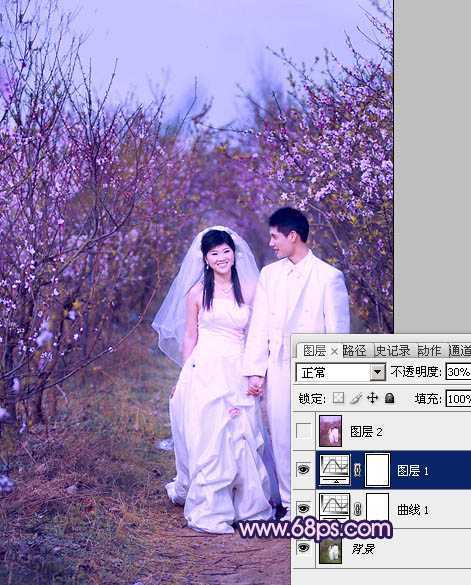 ‘Photoshop将桃林婚片调成艳丽的紫红色‘