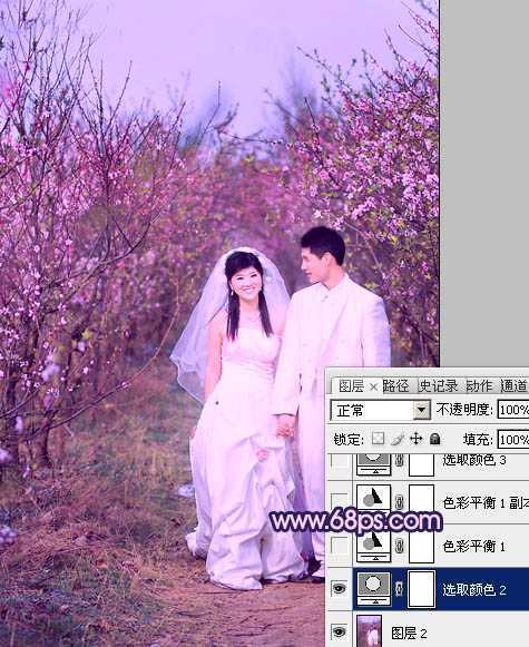 ‘Photoshop将桃林婚片调成艳丽的紫红色‘