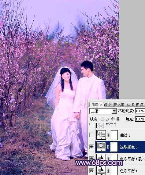 ‘Photoshop将桃林婚片调成艳丽的紫红色‘