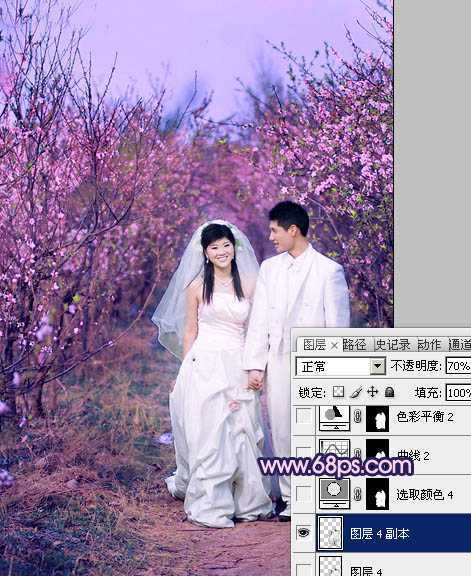 ‘Photoshop将桃林婚片调成艳丽的紫红色‘