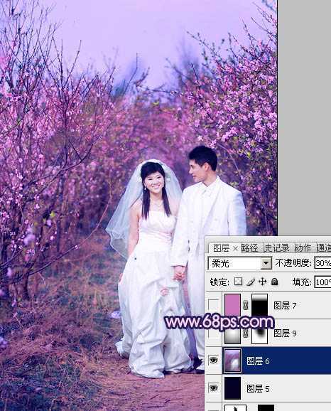‘Photoshop将桃林婚片调成艳丽的紫红色‘