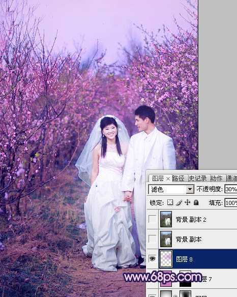 ‘Photoshop将桃林婚片调成艳丽的紫红色‘
