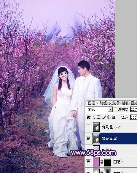 ‘Photoshop将桃林婚片调成艳丽的紫红色‘