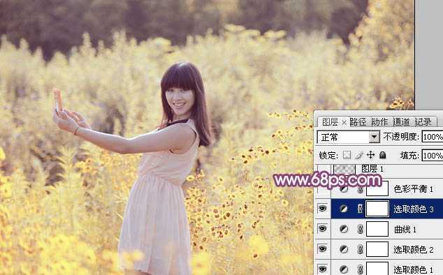 ‘Photoshop将偏暗野花中的美女图片调制出纯美的淡黄色‘