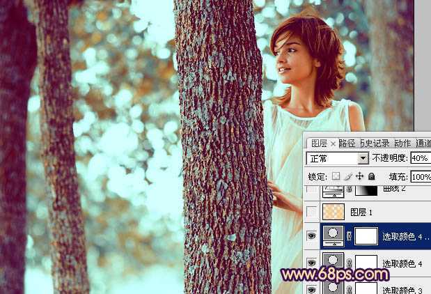 ‘Photoshop为树林人物图片调制出灿烂的青黄阳光色效果‘