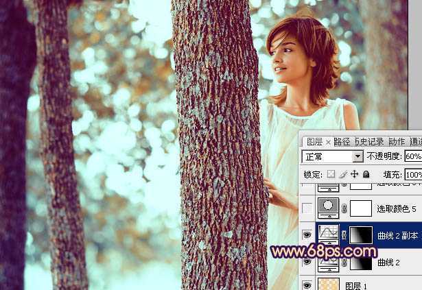 ‘Photoshop为树林人物图片调制出灿烂的青黄阳光色效果‘