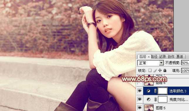‘Photoshop为外景美女图片调制出甜美的淡红色‘