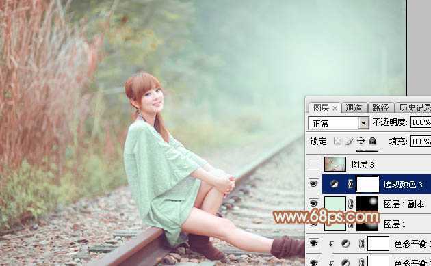 ‘Photoshop打造甜美的淡调青绿色铁轨美女图片‘