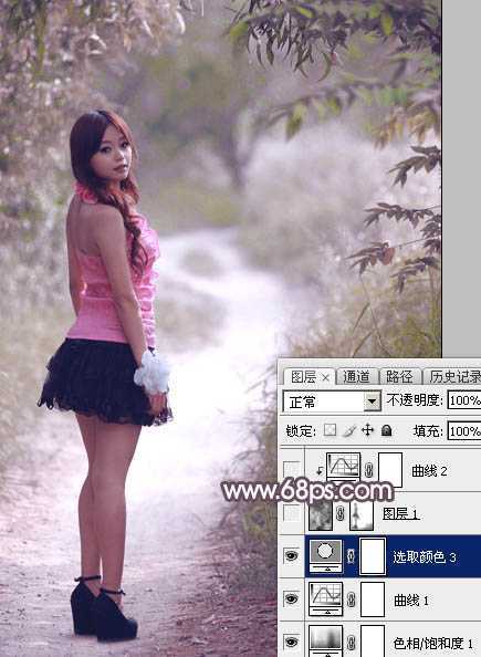 ‘Photoshop为树林人物图片打造梦幻的淡调蓝紫色‘