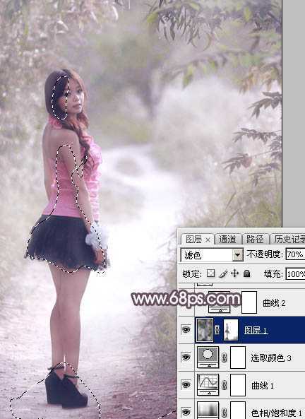 ‘Photoshop为树林人物图片打造梦幻的淡调蓝紫色‘