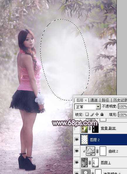 ‘Photoshop为树林人物图片打造梦幻的淡调蓝紫色‘
