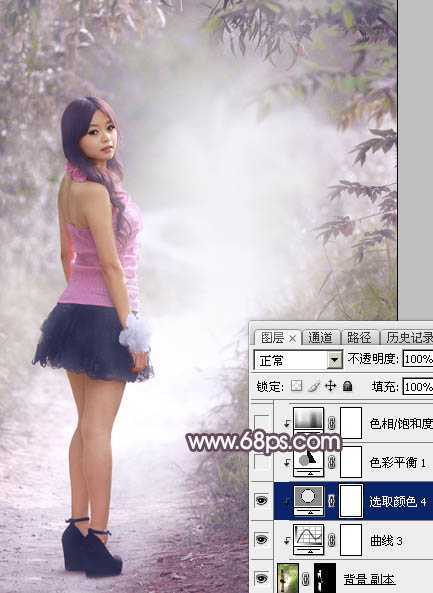 ‘Photoshop为树林人物图片打造梦幻的淡调蓝紫色‘