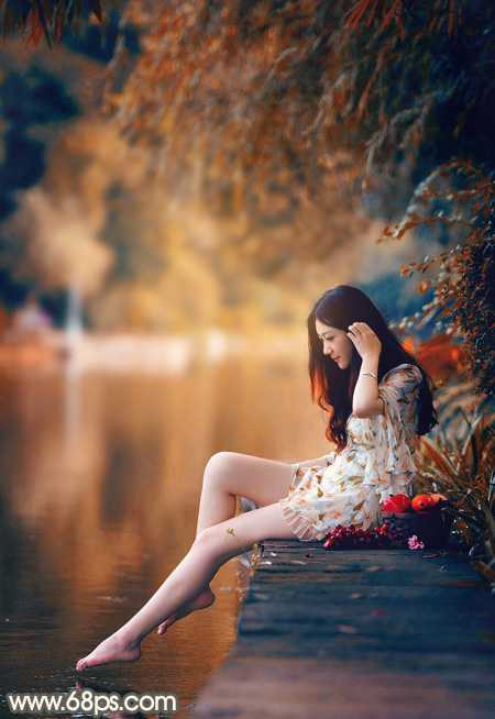 ‘Photoshop为水边的美女图片加上暗调金秋色‘
