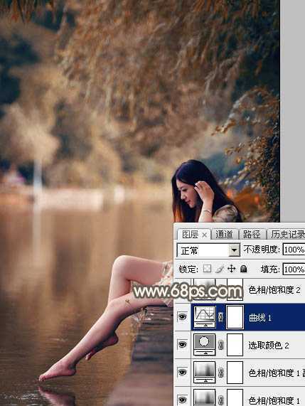 ‘Photoshop为水边的美女图片加上暗调金秋色‘