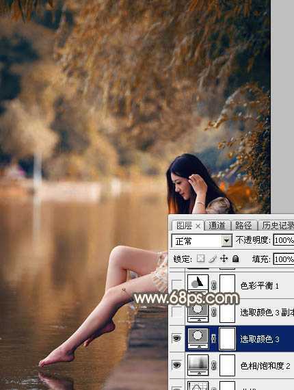 ‘Photoshop为水边的美女图片加上暗调金秋色‘