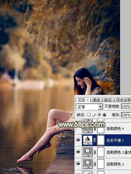 ‘Photoshop为水边的美女图片加上暗调金秋色‘