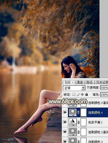 ‘Photoshop为水边的美女图片加上暗调金秋色‘