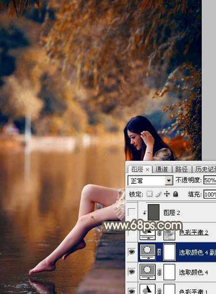 ‘Photoshop为水边的美女图片加上暗调金秋色‘