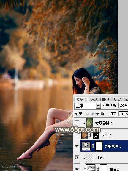 ‘Photoshop为水边的美女图片加上暗调金秋色‘
