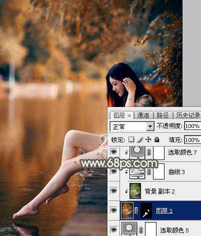 ‘Photoshop为水边的美女图片加上暗调金秋色‘