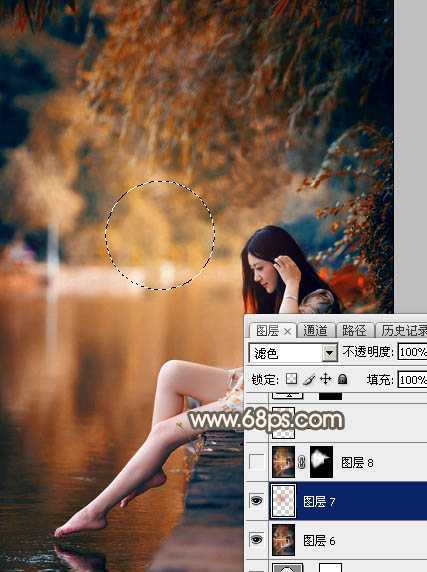 ‘Photoshop为水边的美女图片加上暗调金秋色‘
