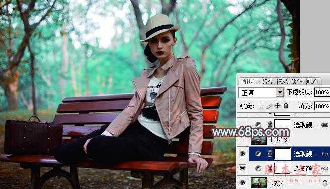 ‘Photoshop为树林人物图片加上强对比的青褐色效果教程‘