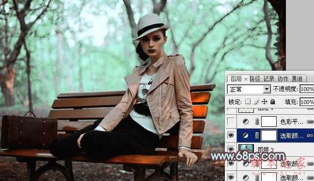 ‘Photoshop为树林人物图片加上强对比的青褐色效果教程‘