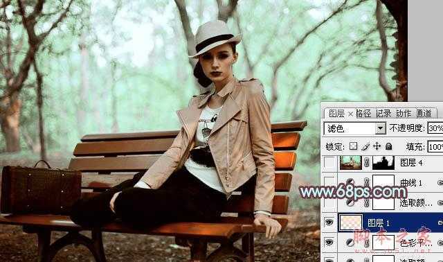 ‘Photoshop为树林人物图片加上强对比的青褐色效果教程‘