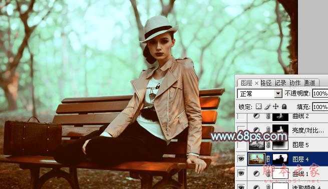 ‘Photoshop为树林人物图片加上强对比的青褐色效果教程‘