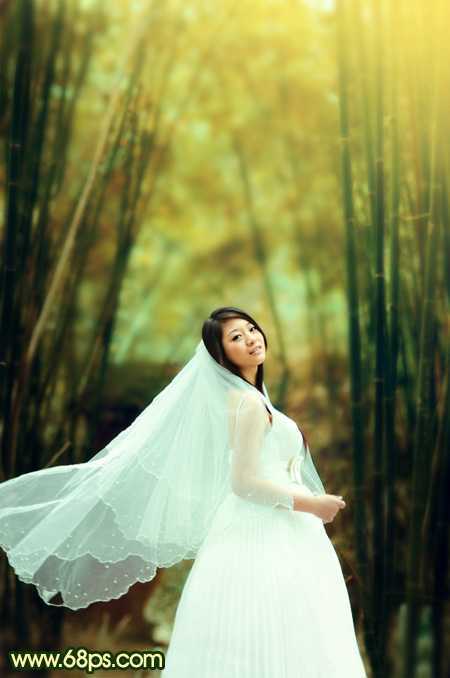 ‘Photoshop将竹林婚片调制出漂亮的古典黄绿色效果‘