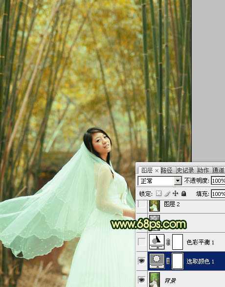‘Photoshop将竹林婚片调制出漂亮的古典黄绿色效果‘