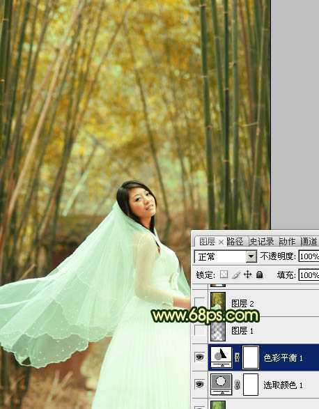 ‘Photoshop将竹林婚片调制出漂亮的古典黄绿色效果‘