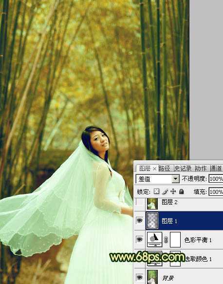 ‘Photoshop将竹林婚片调制出漂亮的古典黄绿色效果‘