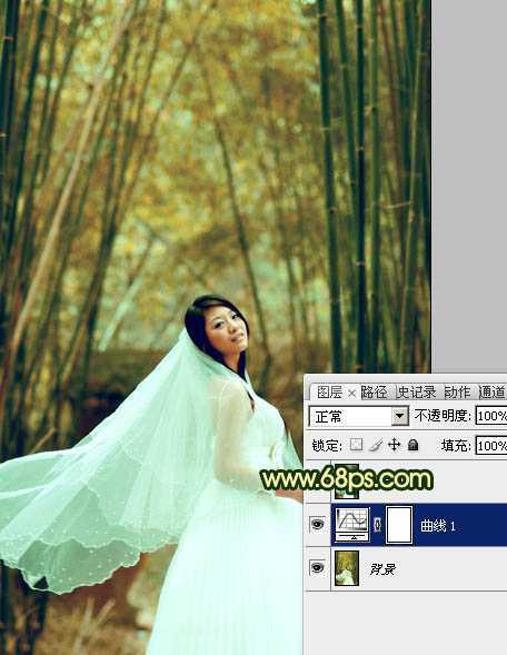 ‘Photoshop将竹林婚片调制出漂亮的古典黄绿色效果‘