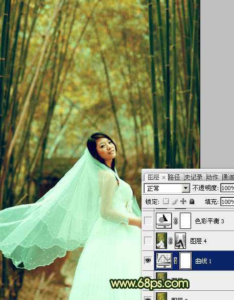 ‘Photoshop将竹林婚片调制出漂亮的古典黄绿色效果‘