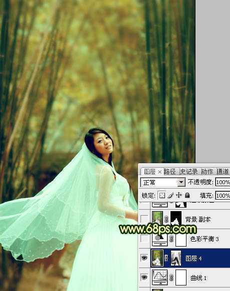 ‘Photoshop将竹林婚片调制出漂亮的古典黄绿色效果‘