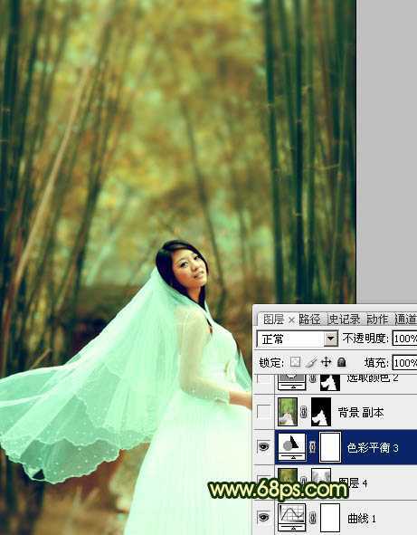 ‘Photoshop将竹林婚片调制出漂亮的古典黄绿色效果‘