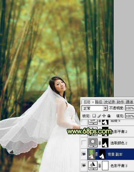 ‘Photoshop将竹林婚片调制出漂亮的古典黄绿色效果‘