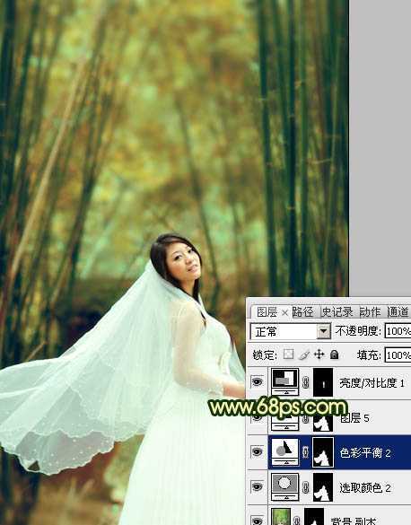 ‘Photoshop将竹林婚片调制出漂亮的古典黄绿色效果‘