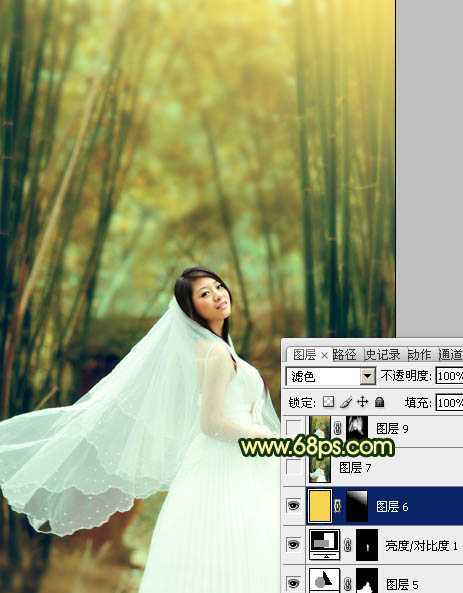 ‘Photoshop将竹林婚片调制出漂亮的古典黄绿色效果‘