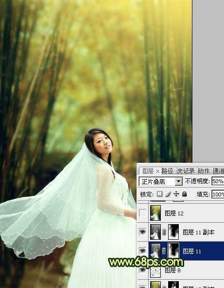 ‘Photoshop将竹林婚片调制出漂亮的古典黄绿色效果‘