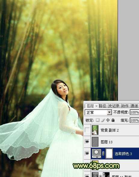 ‘Photoshop将竹林婚片调制出漂亮的古典黄绿色效果‘