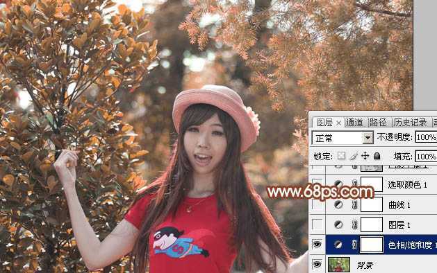‘Photoshop打造唯美的橙红色树林人物图片‘